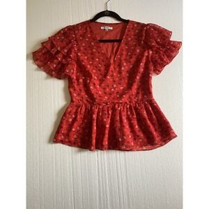 Madewell Women's Red Tiered Sleeve Peplum V-Neck Top In Metallic Prairie Size 2